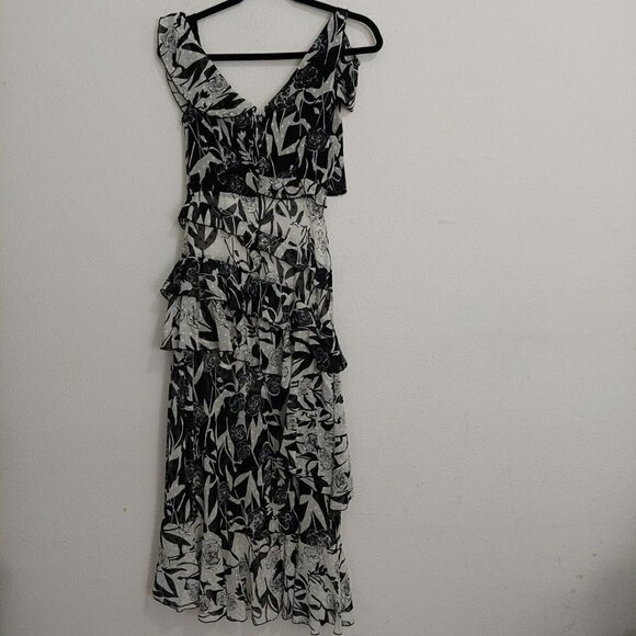 Dark Pink Deconstructed Midi Tea Dress Black White Layered Ruffled Sz US 2 /UK 6 - Picture 10 of 12